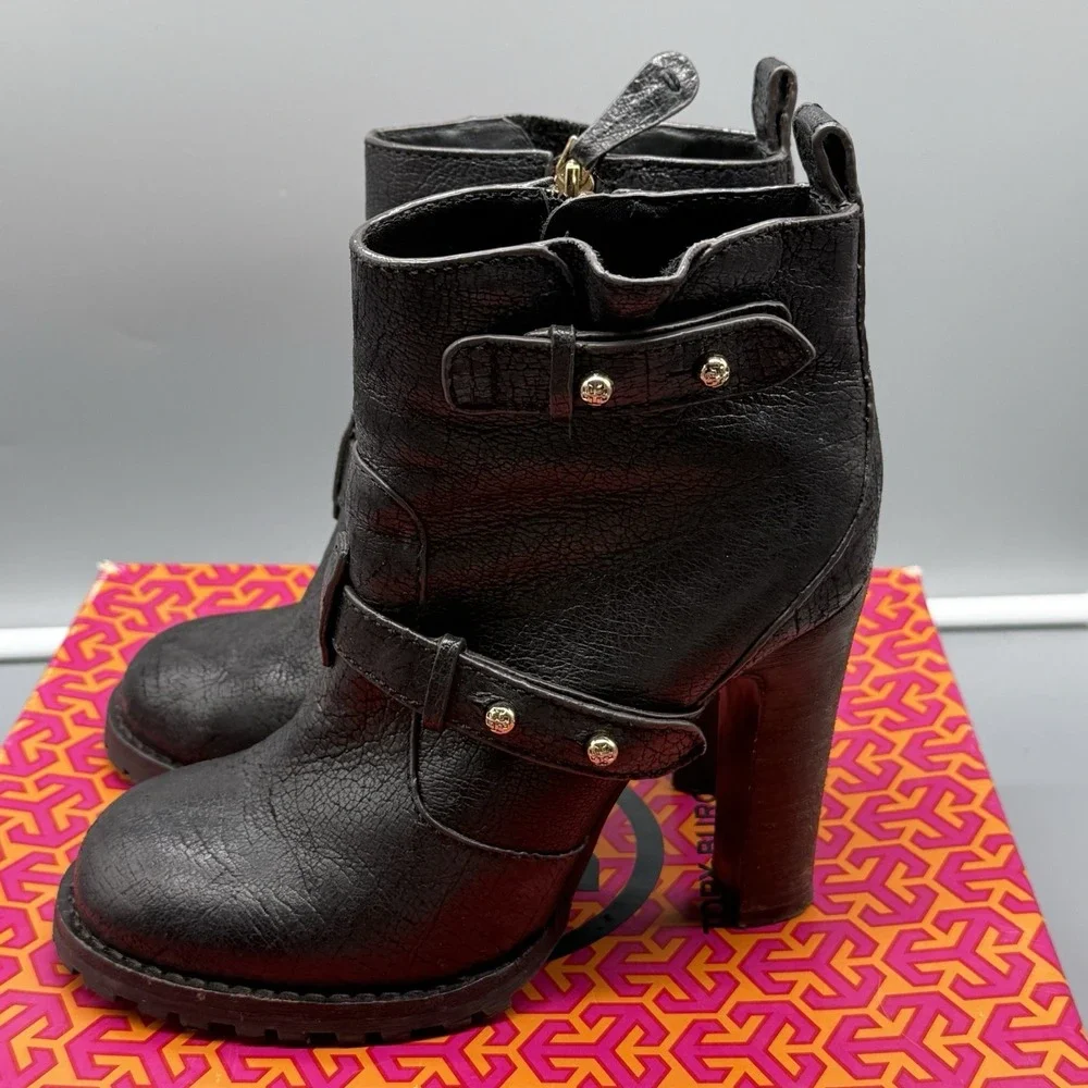 Tory Burch Landers Bootie Black Leather Studded Ankle Boots Chunky Heel Size 7